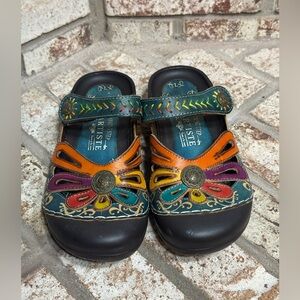 Spring Step L'Artiste Copa Hand Painted Floral Leather Clogs Boho Chic Comfort